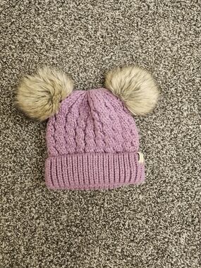 C.C Kids Lavender Cable Knit Beanie with Faux Fur Double Poms